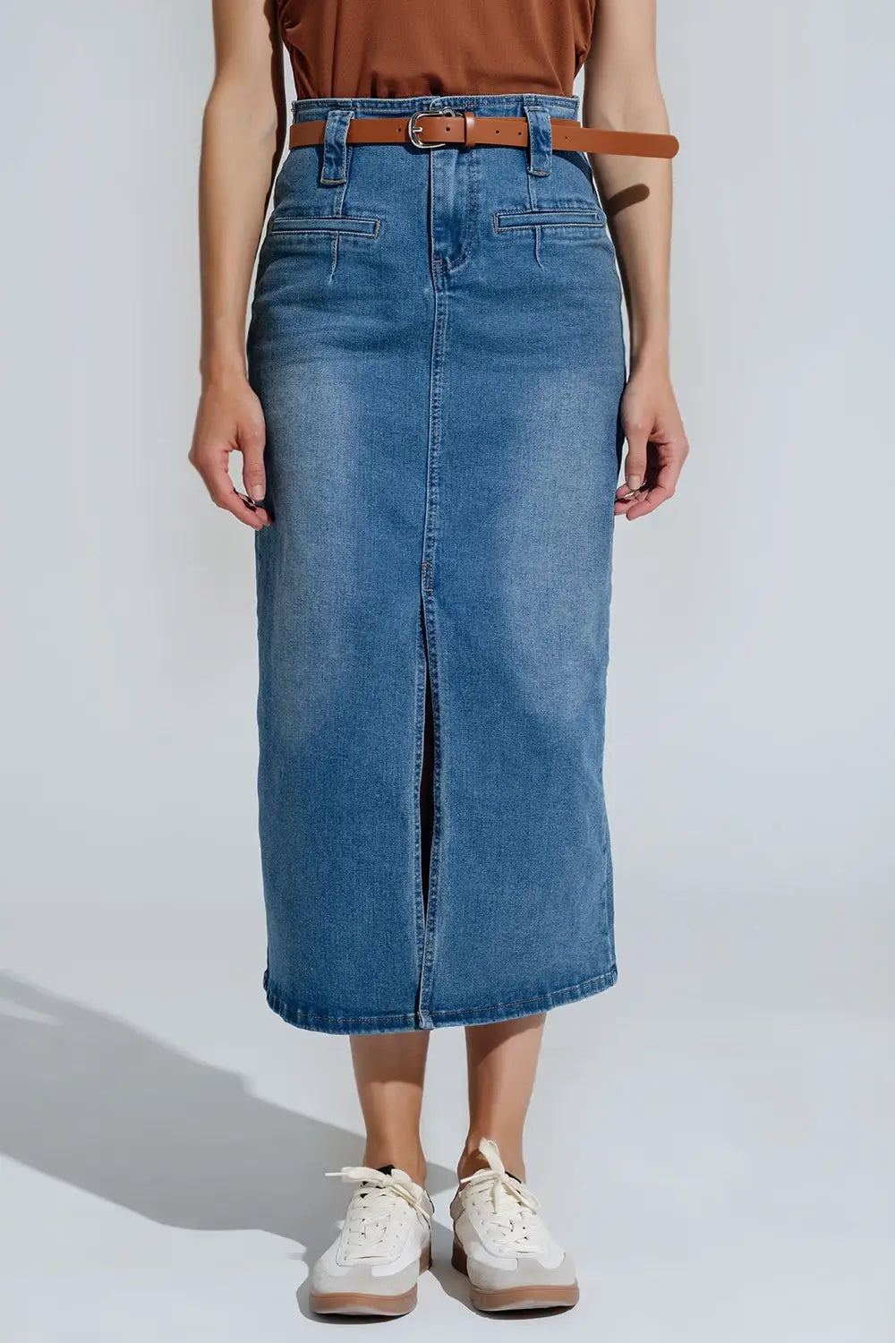 Midi Denim Skirt In Blue With Front Split - Skirts