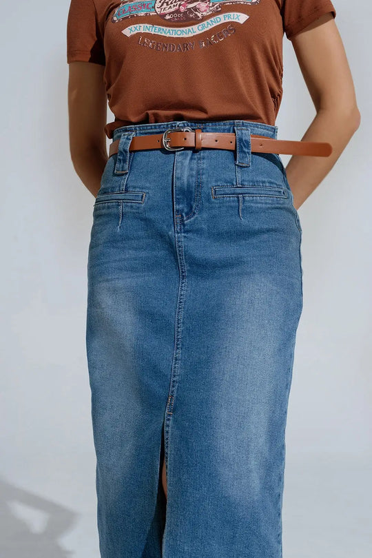 Midi Denim Skirt In Blue With Front Split - Skirts
