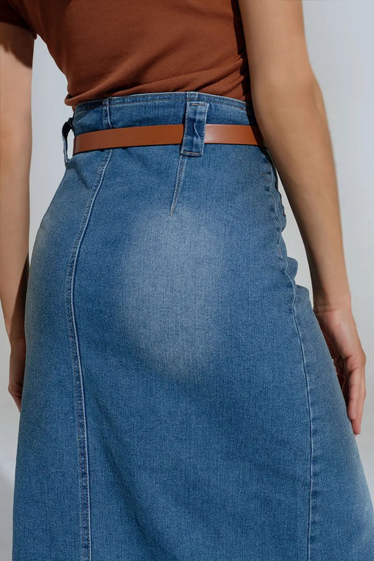 Midi Denim Skirt In Blue With Front Split - Skirts