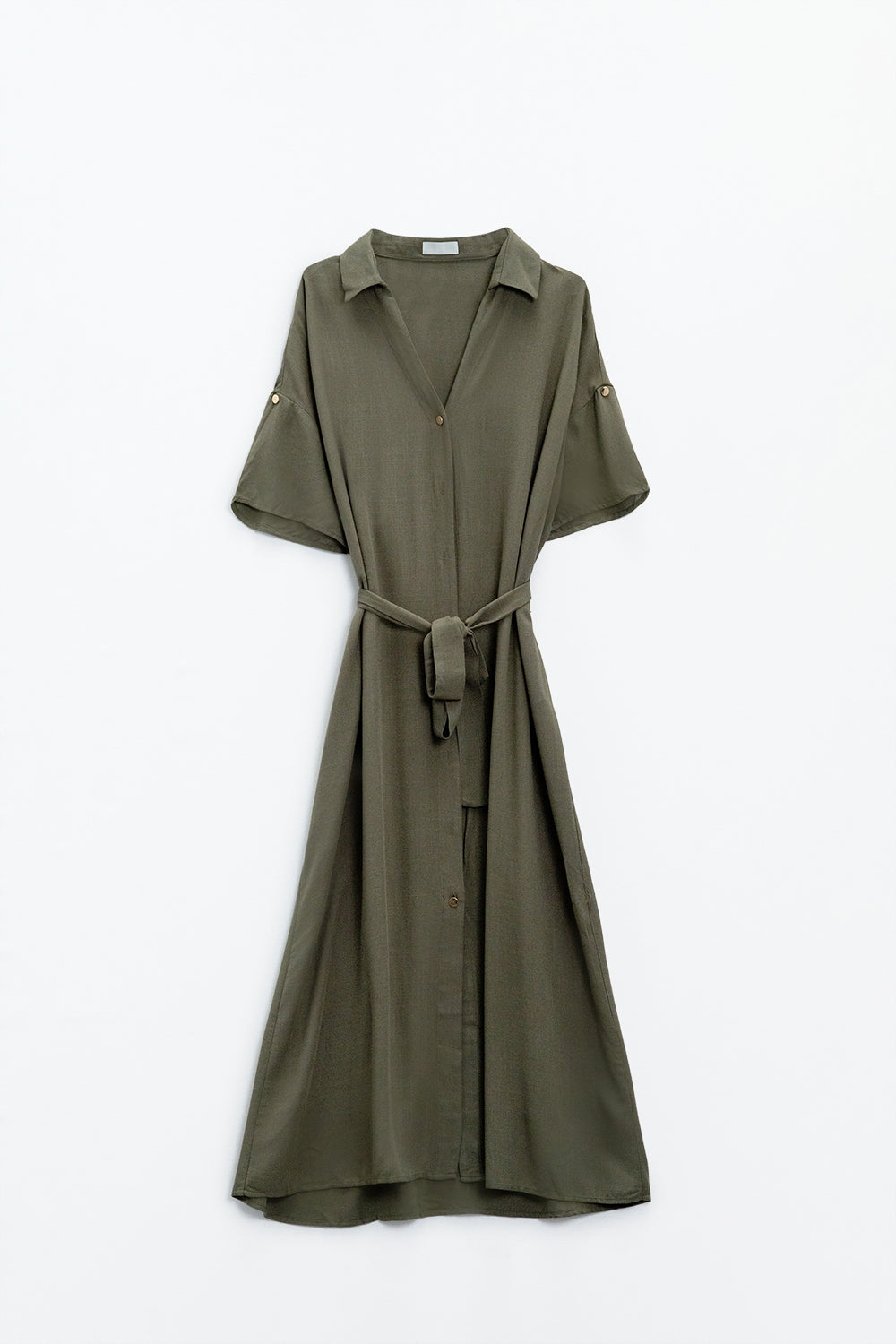 Khaki Midi Button Down Dress With Short Sleeves and Matching Belt