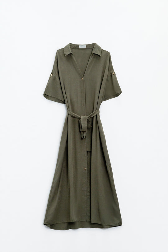 Khaki Midi Button Down Dress With Short Sleeves and Matching Belt