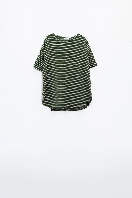 Relaxed Striped T-shirt With Crew Neckline In Khaki - T-Shirts