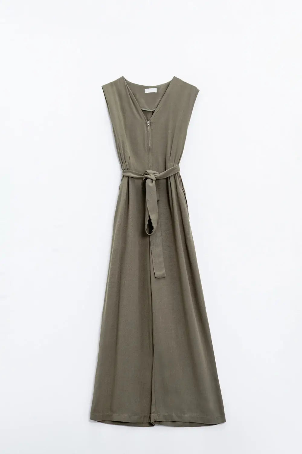 Sleeveless Jumpsuit with zipper detail and belt in khaki - Jumpsuits