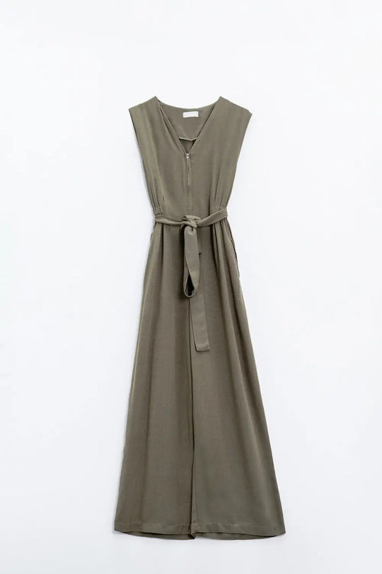 Sleeveless Jumpsuit with zipper detail and belt in khaki - Jumpsuits
