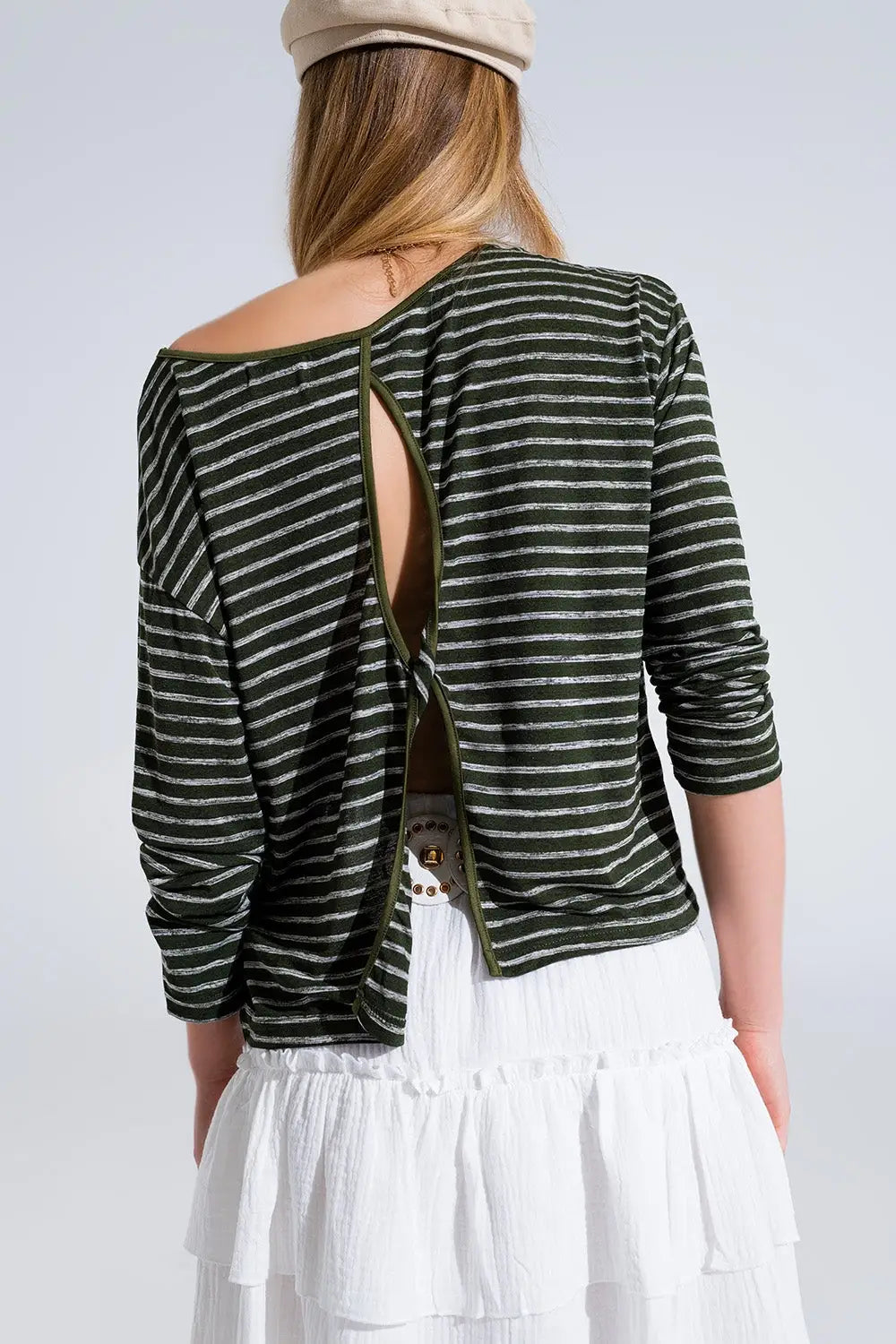 Relaxed striped T-shirt in khaki with open back detail - T-Shirts