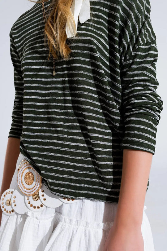 Relaxed striped T-shirt in khaki with open back detail - T-Shirts