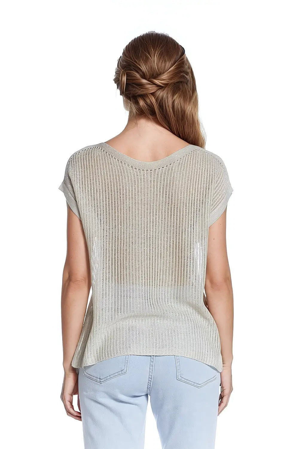 Boat neck ribbed sweater with cap sleeves in beige - BEIGE / ONE - Sweaters