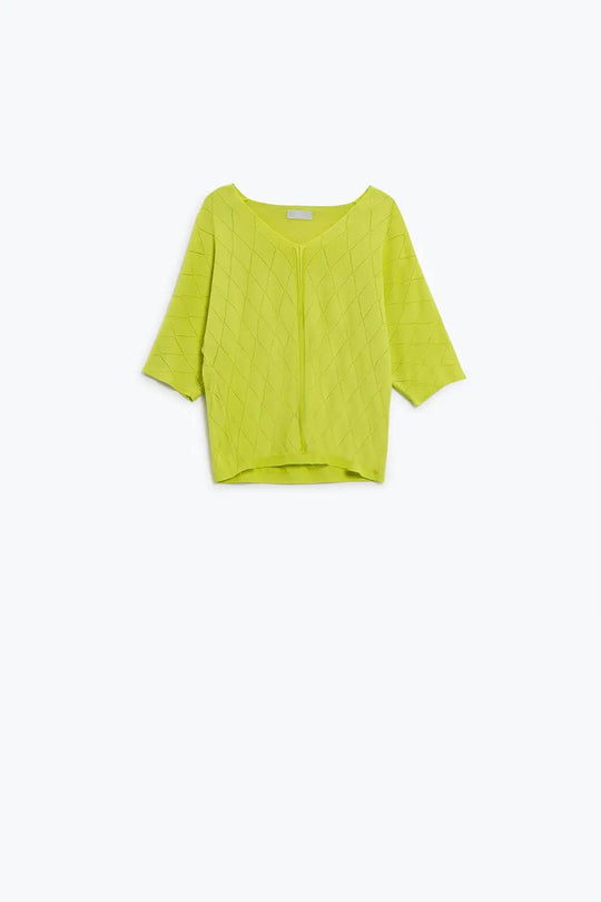 Lime Colored Short Sleeve Sweater With Argyle Pattern - GREEN / ONE - Sweaters