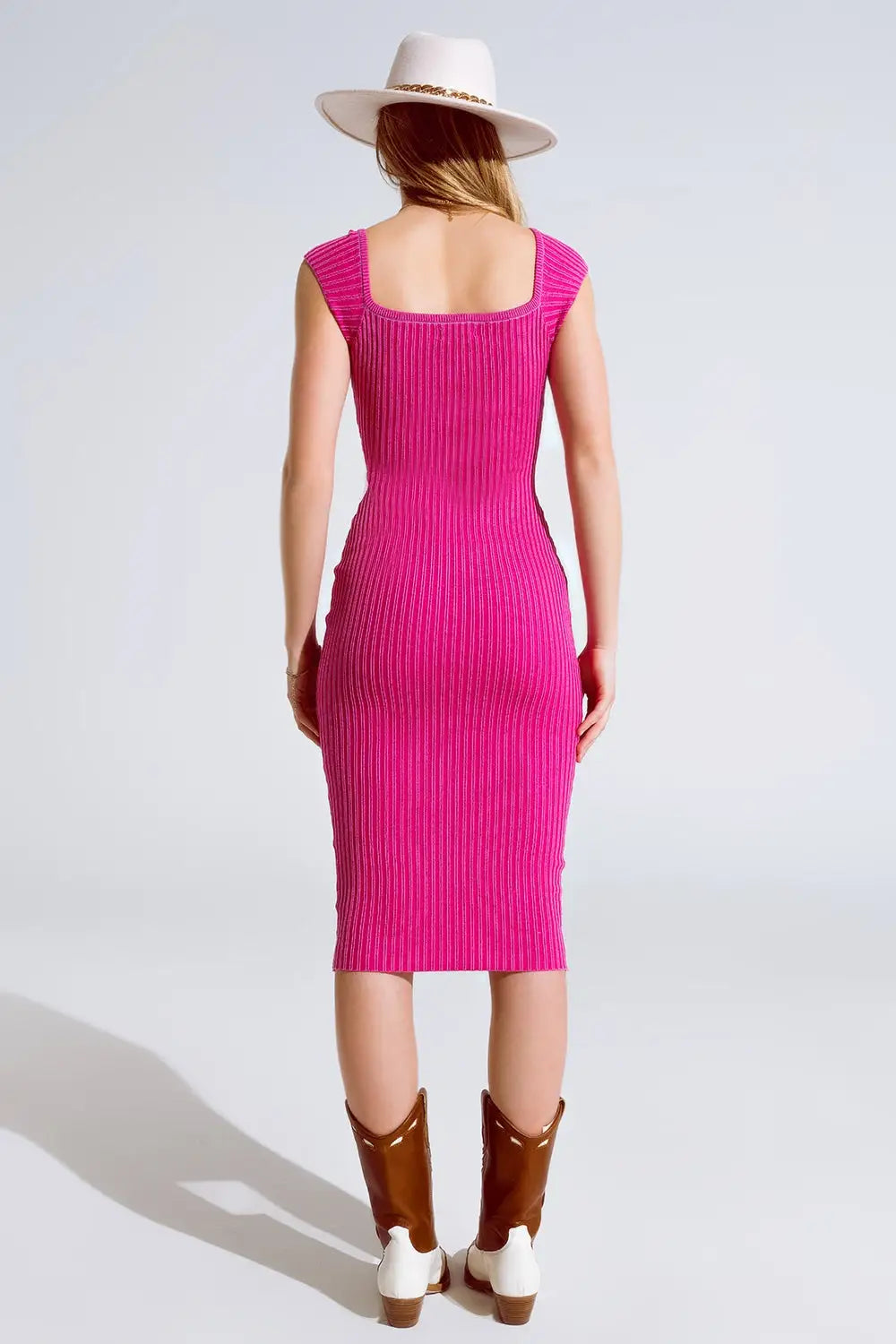 Pink Midi Thick Rib Bodycon Dress With Cap Sleeves - FUCHSIA / ONE - Dresses