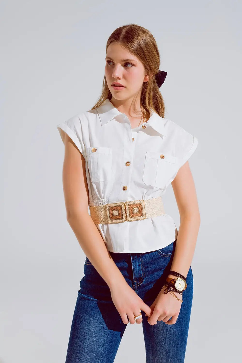 Button Up White Shirt With Chest Pockets - Shirts