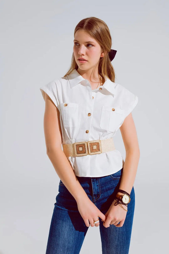 Button Up White Shirt With Chest Pockets - Shirts