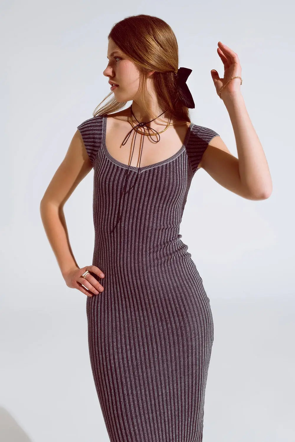 Black Midi Thick Rib Bodycon Dress With Cap Sleeves - BLACK / ONE - Dresses