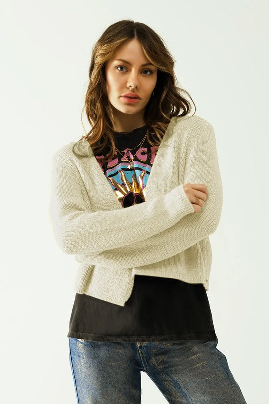Cropped Cardigan In Lightweight Rib and V-Neckline in Cream - Sweaters