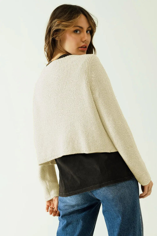 Cropped Cardigan In Lightweight Rib and V-Neckline in Cream - Sweaters