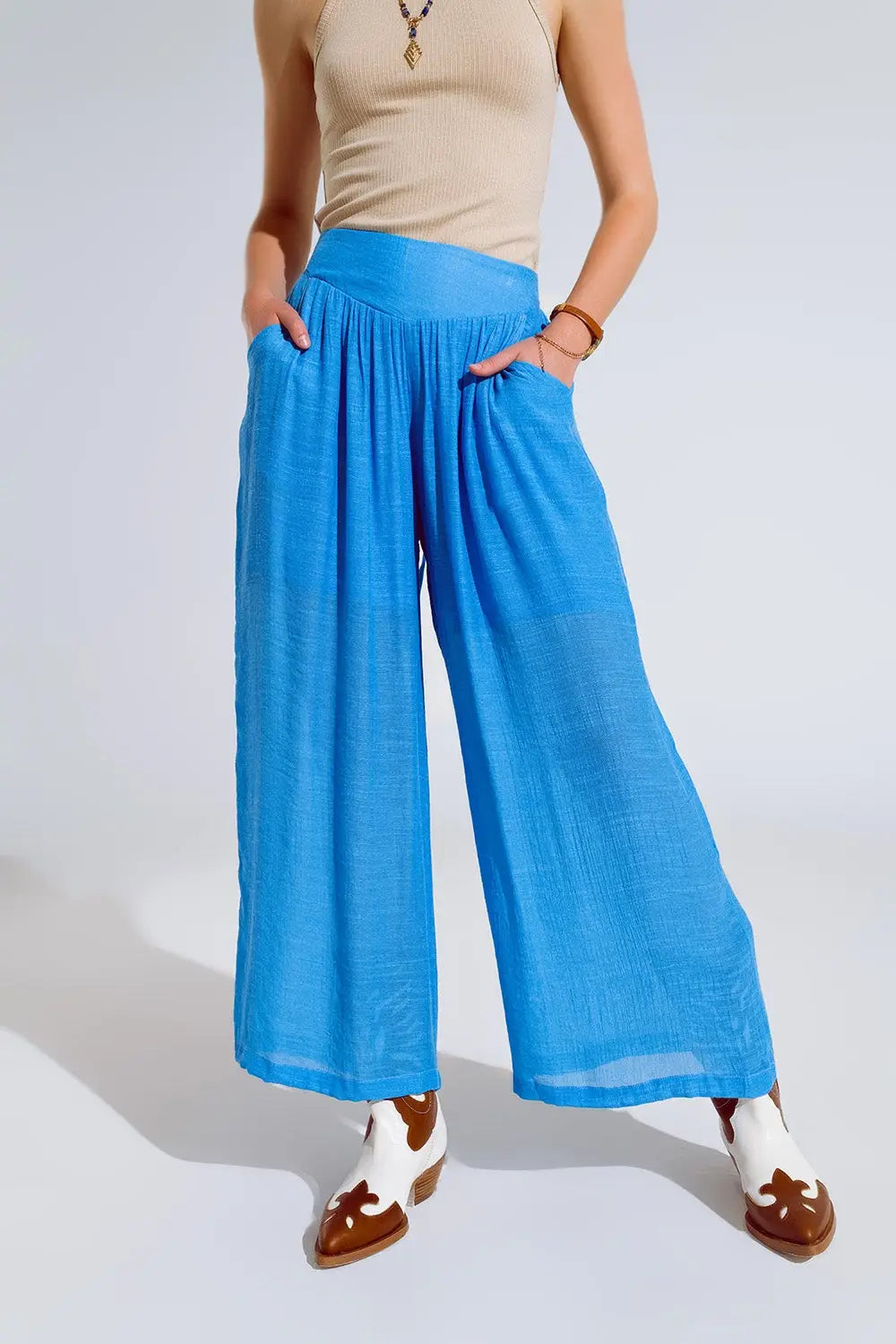 Blue Palazzo style Pants With Side Pockets And Thick Waist Band - Pants