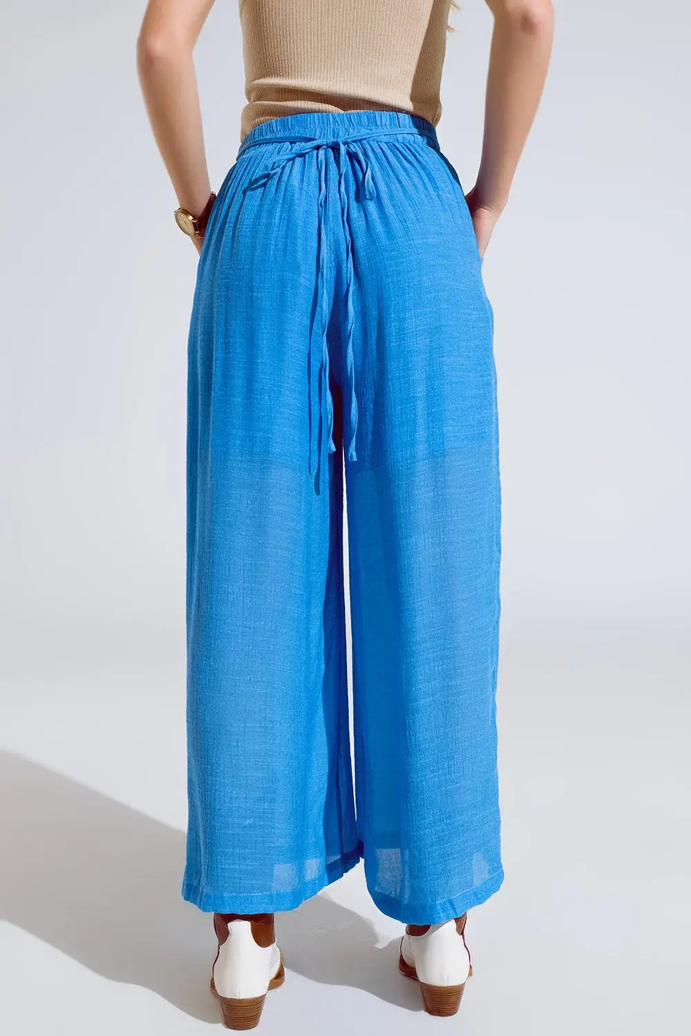 Blue Palazzo style Pants With Side Pockets And Thick Waist Band - Pants