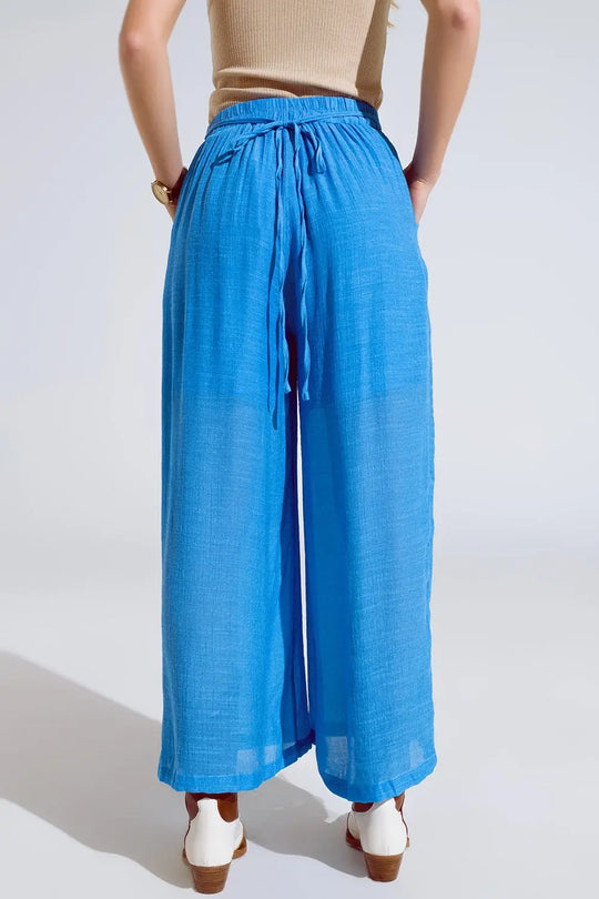Blue Palazzo style Pants With Side Pockets And Thick Waist Band - Pants