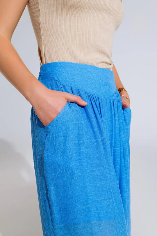Blue Palazzo style Pants With Side Pockets And Thick Waist Band - Pants