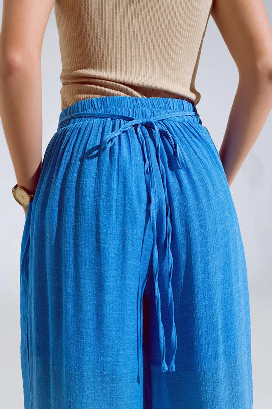 Blue Palazzo style Pants With Side Pockets And Thick Waist Band - Pants