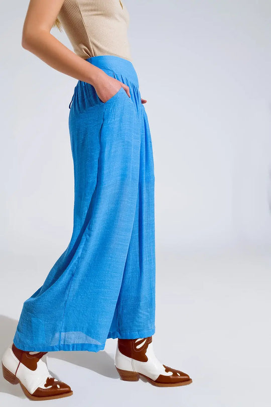 Blue Palazzo style Pants With Side Pockets And Thick Waist Band - Pants