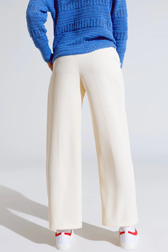 Straight Leg Trousers With Side Pockets and Darts in Cream - Pants