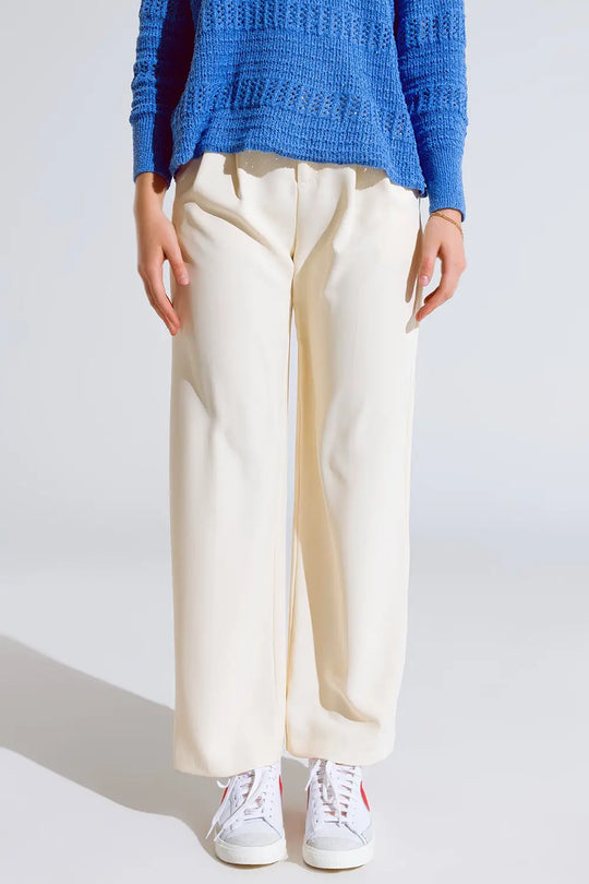 Straight Leg Trousers With Side Pockets and Darts in Cream - Pants