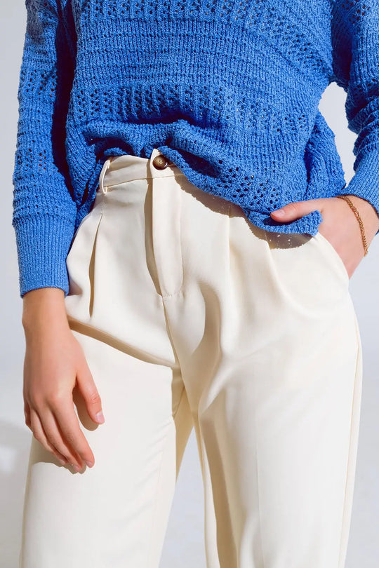 Straight Leg Trousers With Side Pockets and Darts in Cream - Pants