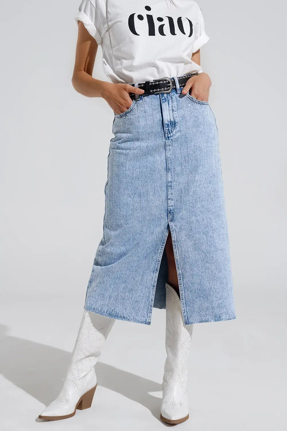 Light Denim Midi Skirt With Front Slit And Diamante Embellishment - Skirts