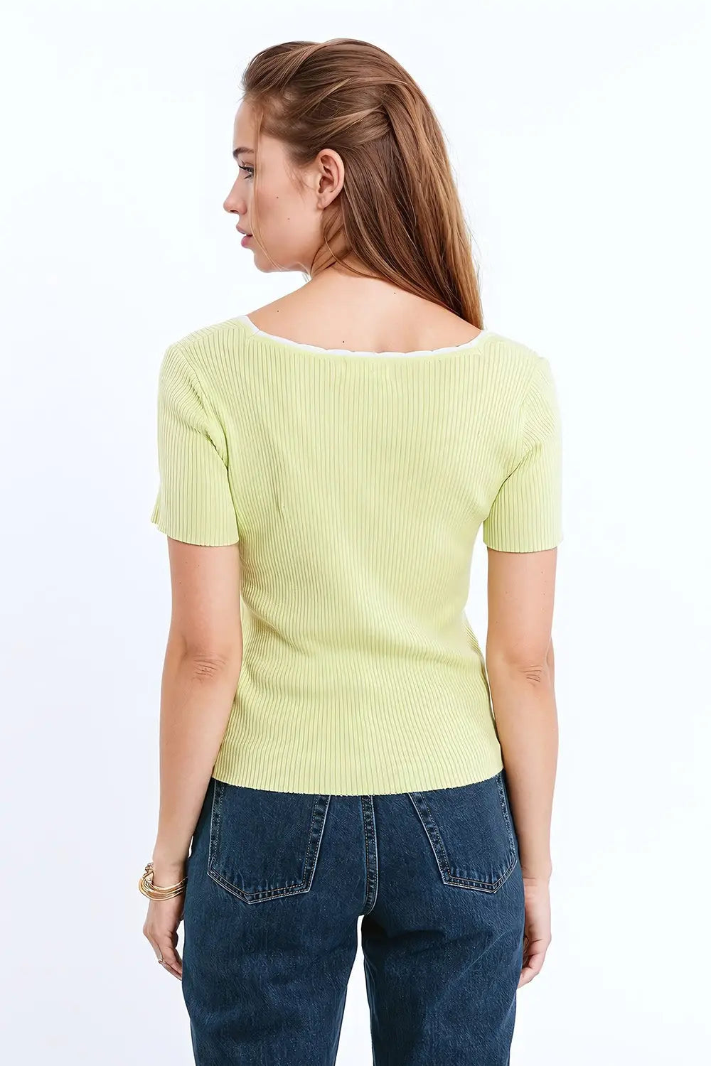 Lime Knitted Short Sleeve Sweater With Square Neck and White Trim - Sweaters