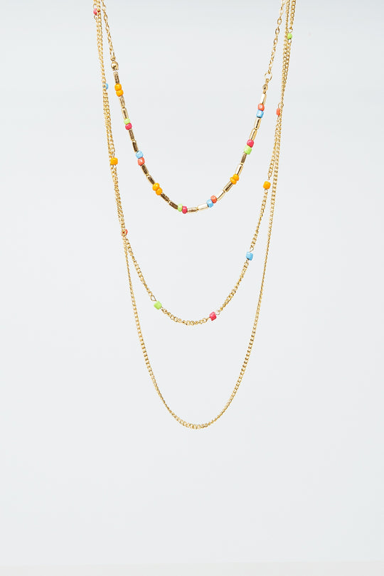 3 in 1 Necklace With Rainbow Beads and Thin Gold Chain