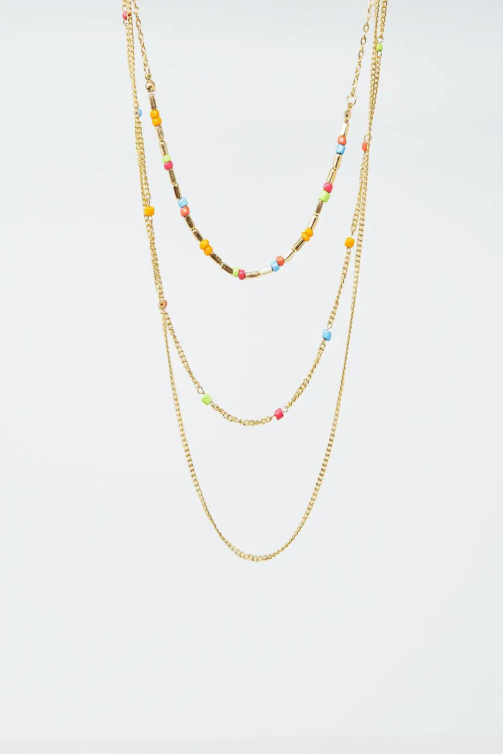3 in 1 Necklace With Rainbow Beads and Thin Gold Chain - GOLD