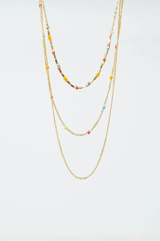 3 in 1 Necklace With Rainbow Beads and Thin Gold Chain - GOLD