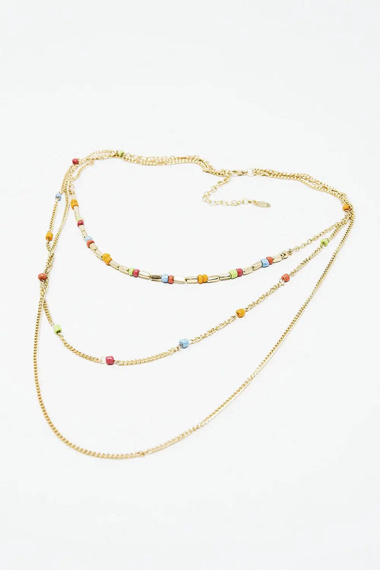 3 in 1 Necklace With Rainbow Beads and Thin Gold Chain - GOLD
