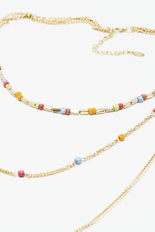 3 in 1 Necklace With Rainbow Beads and Thin Gold Chain