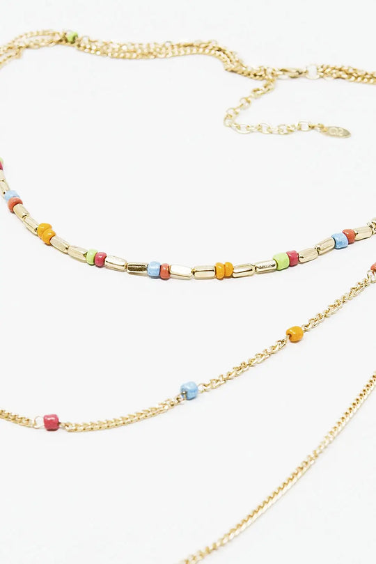 3 in 1 Necklace With Rainbow Beads and Thin Gold Chain - GOLD