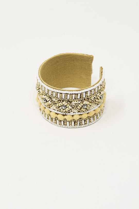 Cream Open Bracelet With Embellishments In White And Beige