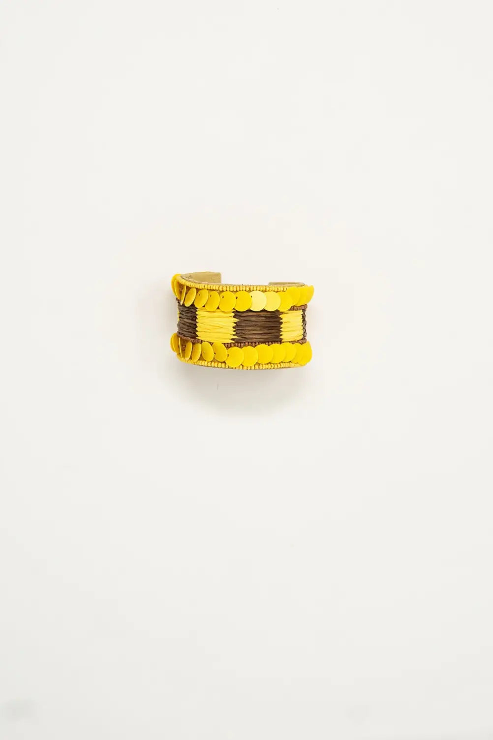 Yellow and Brown Thick Open Bracelet Wtih Yellow Bead Accents - YELLOW / ONE - Bracelets