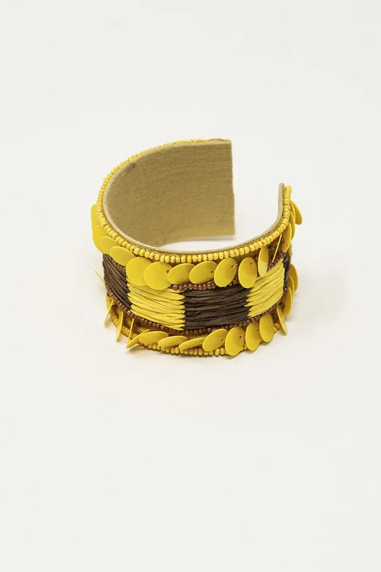 Yellow and Brown Thick Open Bracelet Wtih Yellow Bead Accents - YELLOW / ONE - Bracelets