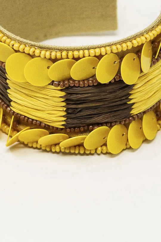 Yellow and Brown Thick Open Bracelet Wtih Yellow Bead Accents - YELLOW / ONE - Bracelets