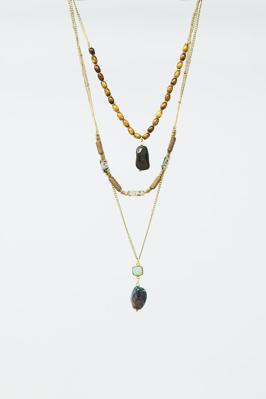 Ethnic 3 in 1 Necklace With Large Stones and Natural Beads