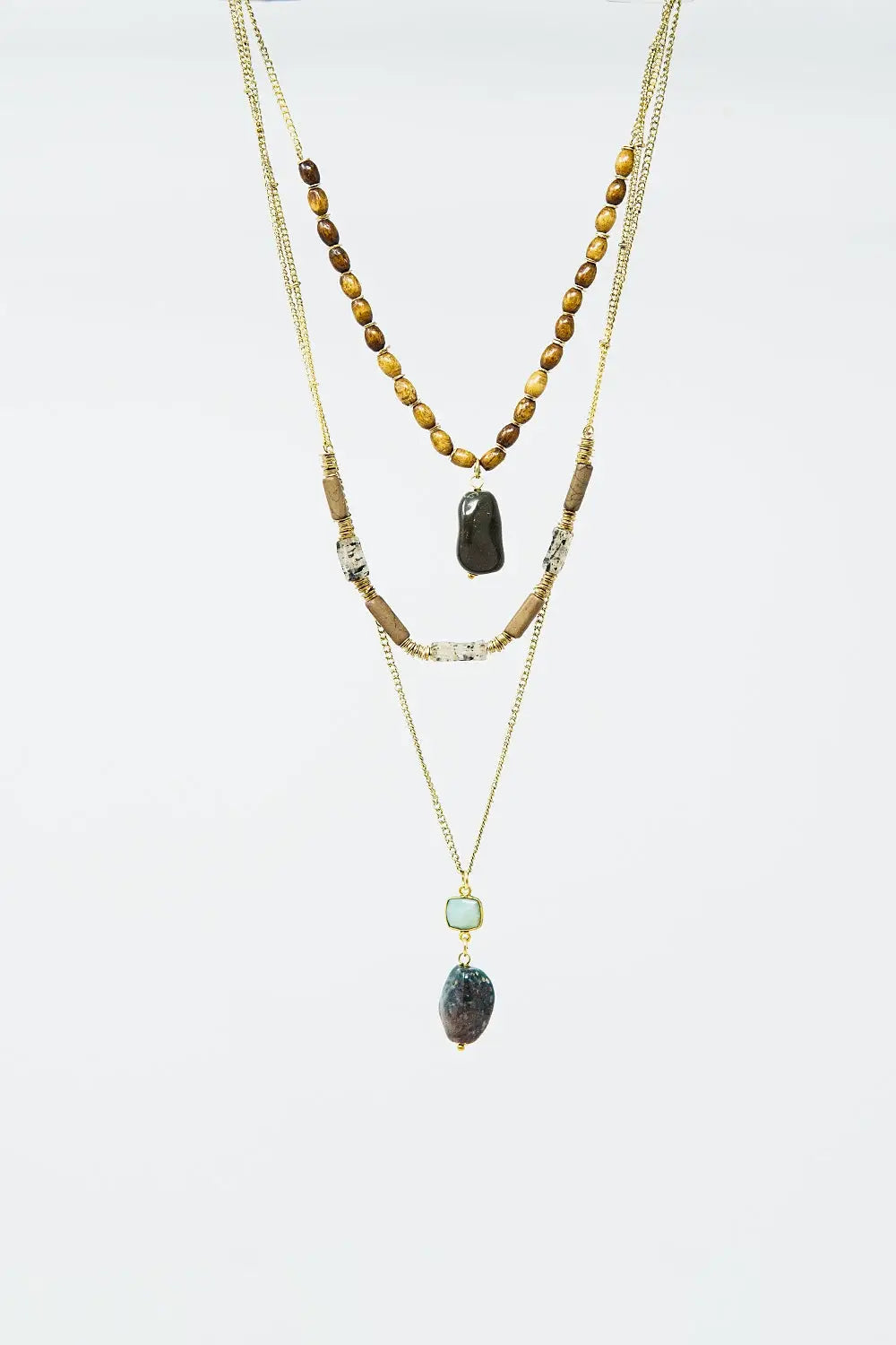Ethnic 3 in 1 Necklace With Large Stones and Natural Beads - GOLD
