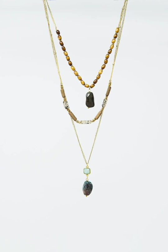 Ethnic 3 in 1 Necklace With Large Stones and Natural Beads - GOLD
