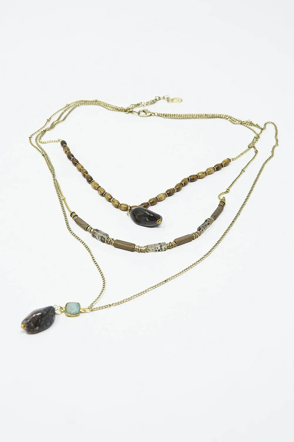 Ethnic 3 in 1 Necklace With Large Stones and Natural Beads - GOLD