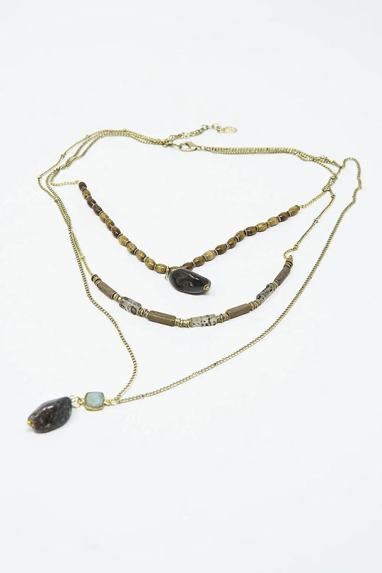 Ethnic 3 in 1 Necklace With Large Stones and Natural Beads - GOLD