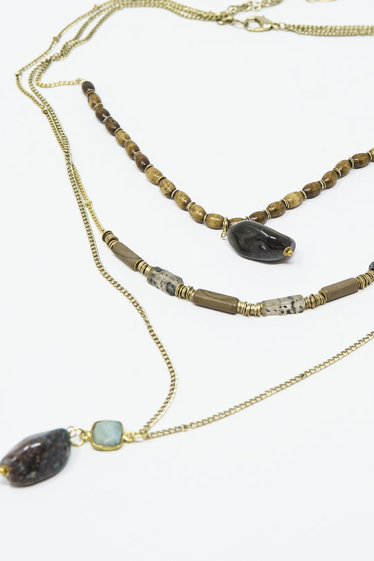 Ethnic 3 in 1 Necklace With Large Stones and Natural Beads
