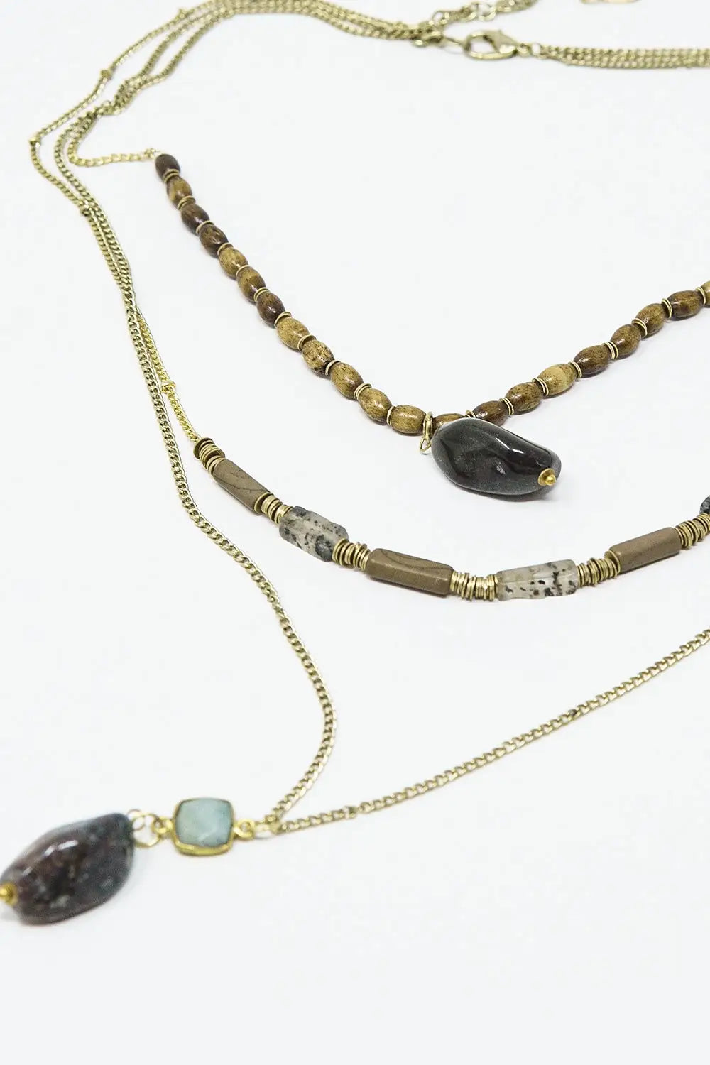Ethnic 3 in 1 Necklace With Large Stones and Natural Beads - GOLD