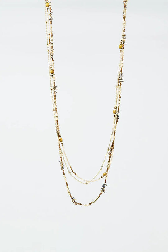 3 in 1 necklace with different type of beads - GOLD