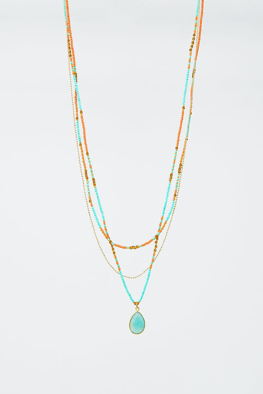 3 in 1 necklace with orange and blue beads