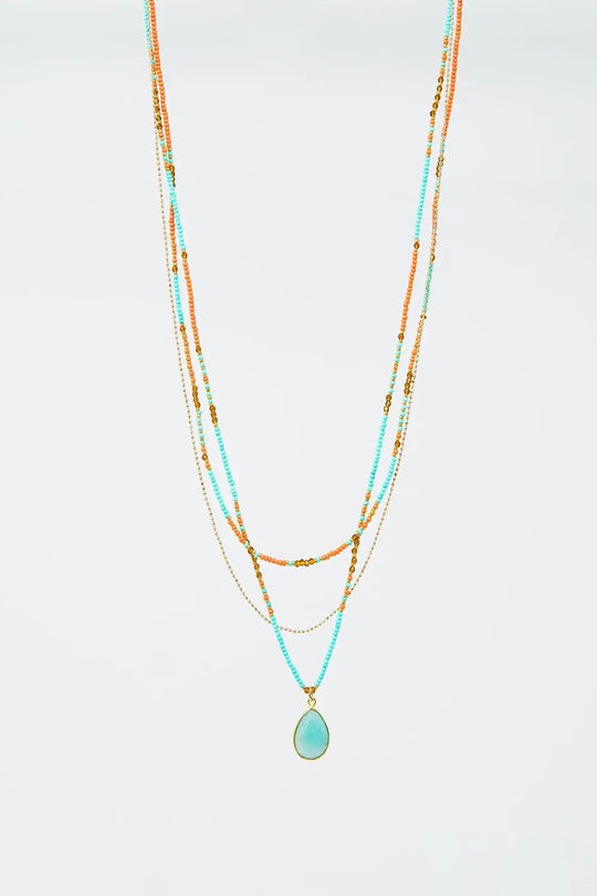 3 in 1 necklace with orange and blue beads - GOLD