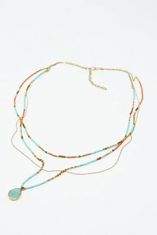 3 in 1 necklace with orange and blue beads - GOLD